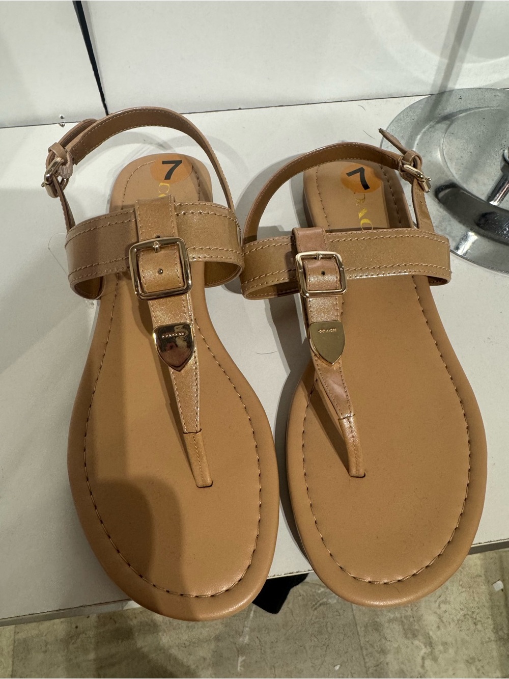 Coach Tan T-Strap Buckle Sandals